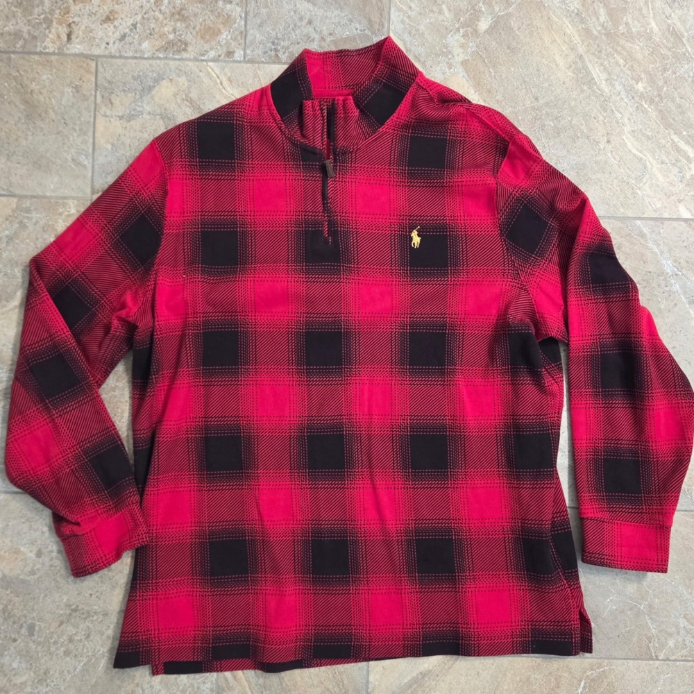 Polo Ralph Lauren Mens XL Red Black Buffalo Plaid Quarter Zip Cotton Pullover